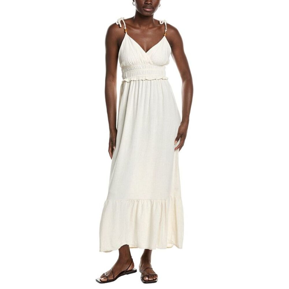 Marion Womens  Beaded Linen-Blend Strap Ruffled Dress, Brown